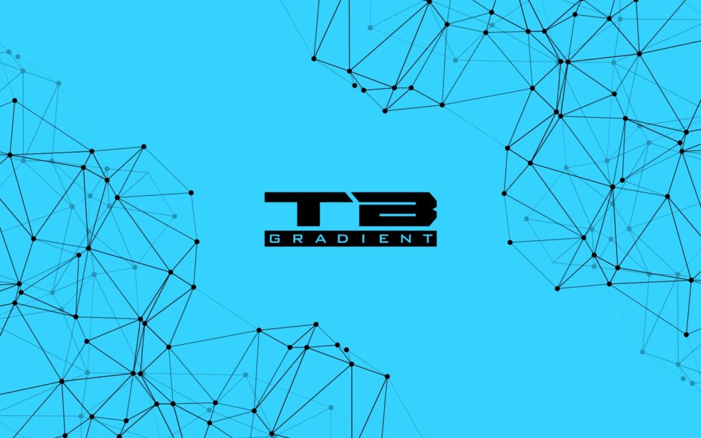Grafische Hintergrundgestaltung in Cyan mit abstraktem Netzwerk aus schwarzen und grauen Verbindungslinien und Knotenpunkten am Rand des Bildes. In der Mitte ist das schwarze Logo „TB Gradient“ mit dem Schriftzug „GRADIENT“ darunter platziert. Das Motiv vermittelt einen technischen, digitalen und vernetzten Eindruck.