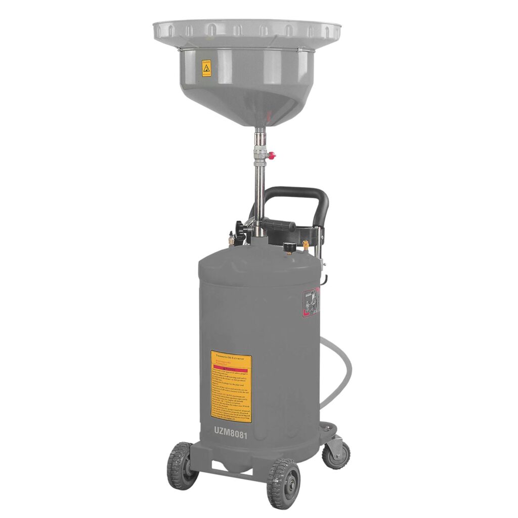 Mobiles Ölabsauggerät mit grauem Sammelbehälter, großem Auffangtrichter, Absaugrohr, Schlauchanschluss und Fahrgestell mit zwei großen Rädern und Lenkrollen.