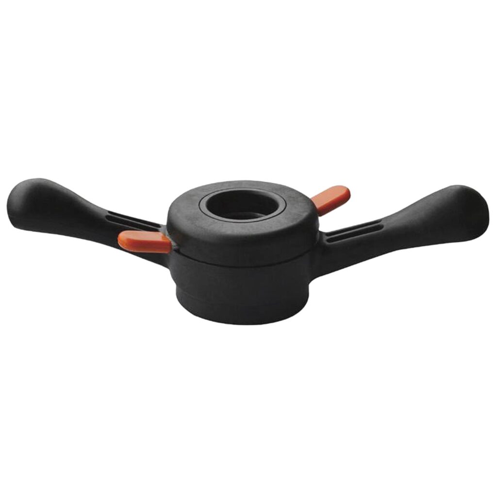 Schnellspannmutter mit beidseitigen ergonomischen Griffarmen und orangefarbenen Entriegelungstasten zur Höhen- oder Positionsverstellung eines mobilen Trocknungsgeräts vor weißem Hintergrund.