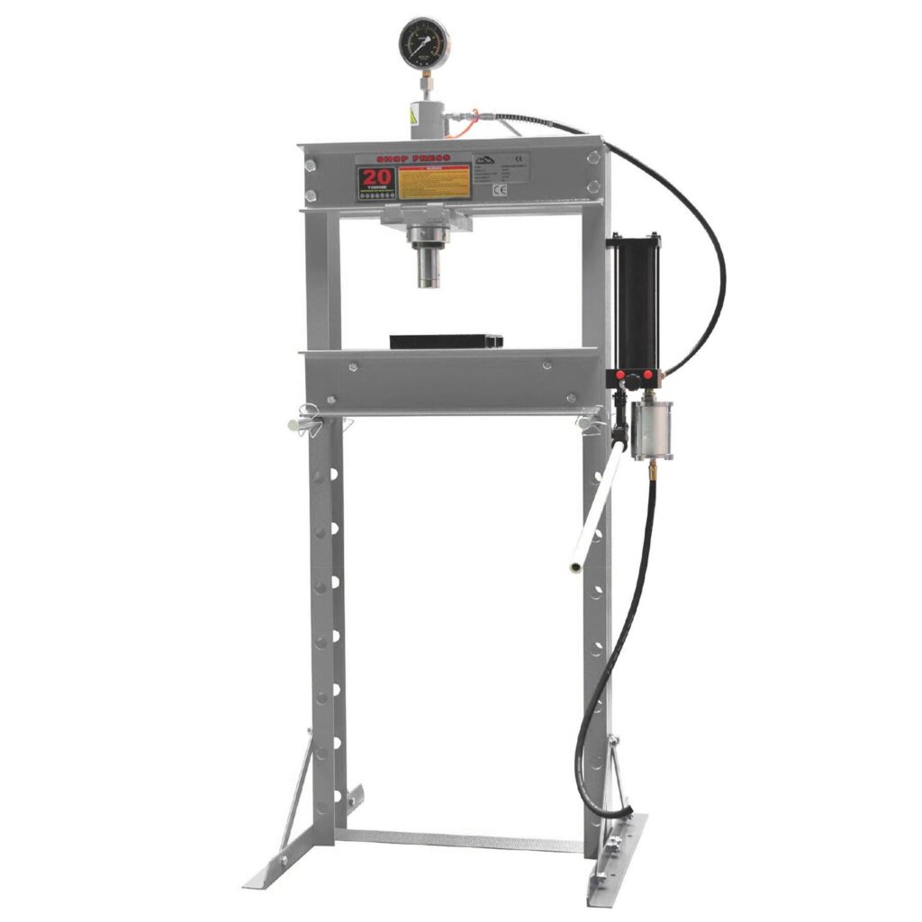 Hydraulische Werkstattpresse mit 20 Tonnen Presskraft, höhenverstellbarem Arbeitstisch, Manometer zur Druckanzeige und seitlich montierter Hydraulikeinheit.